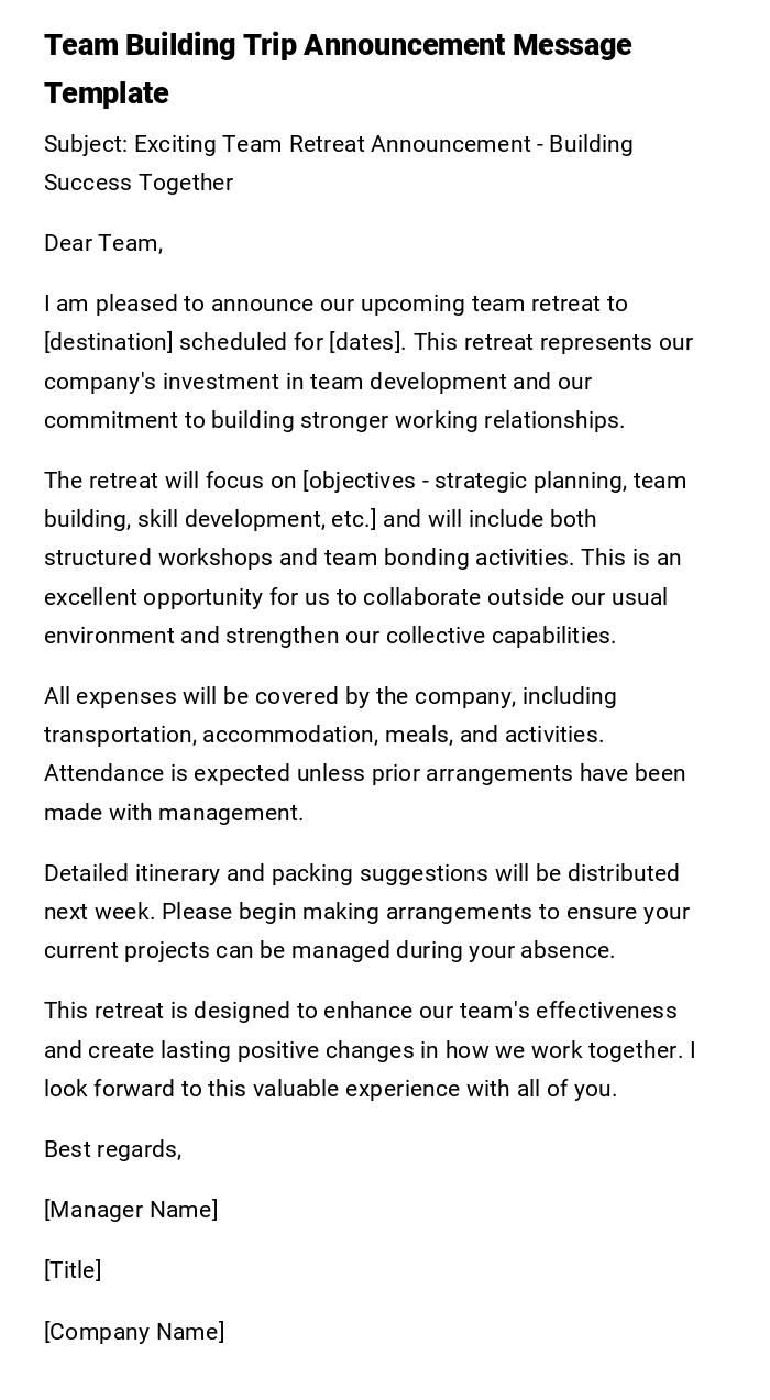 Team Building Trip Announcement Message Template
