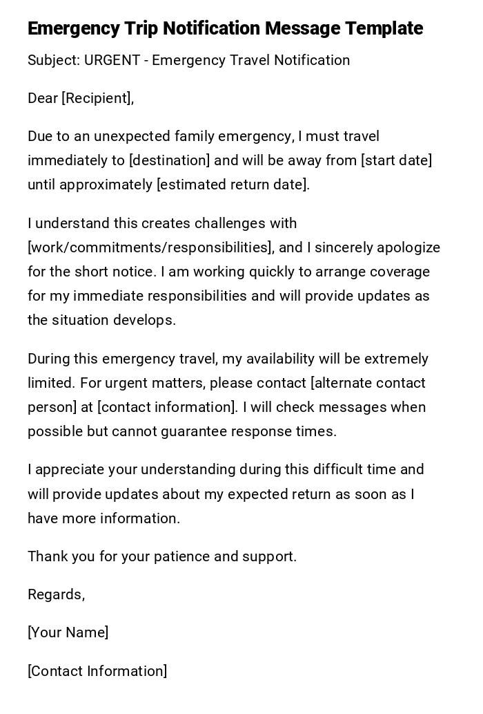 Emergency Trip Notification Message Template