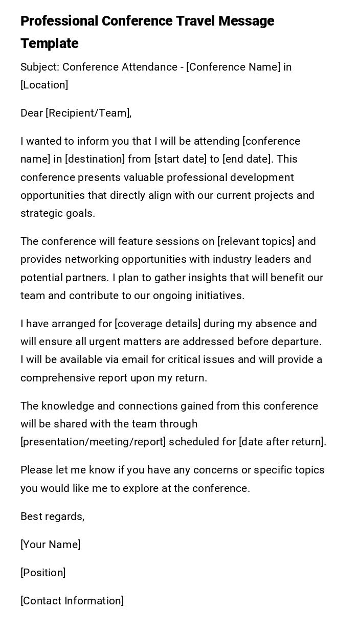 Professional Conference Travel Message Template