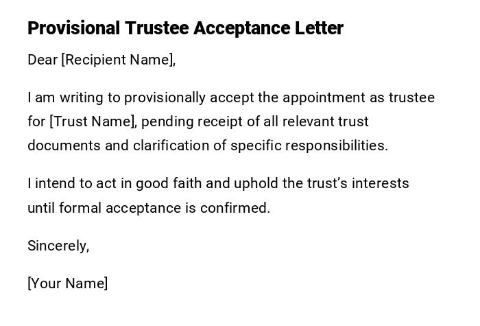 Provisional Trustee Acceptance Letter