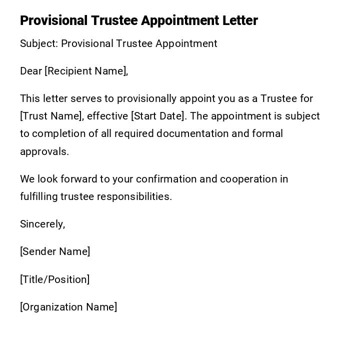 Provisional Trustee Appointment Letter
