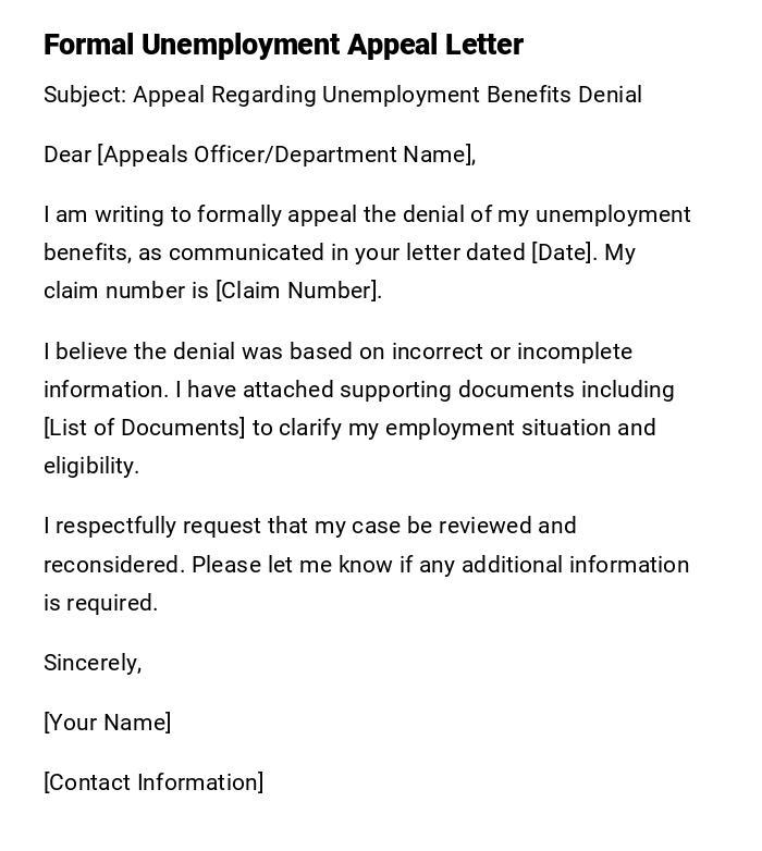 Formal Unemployment Appeal Letter