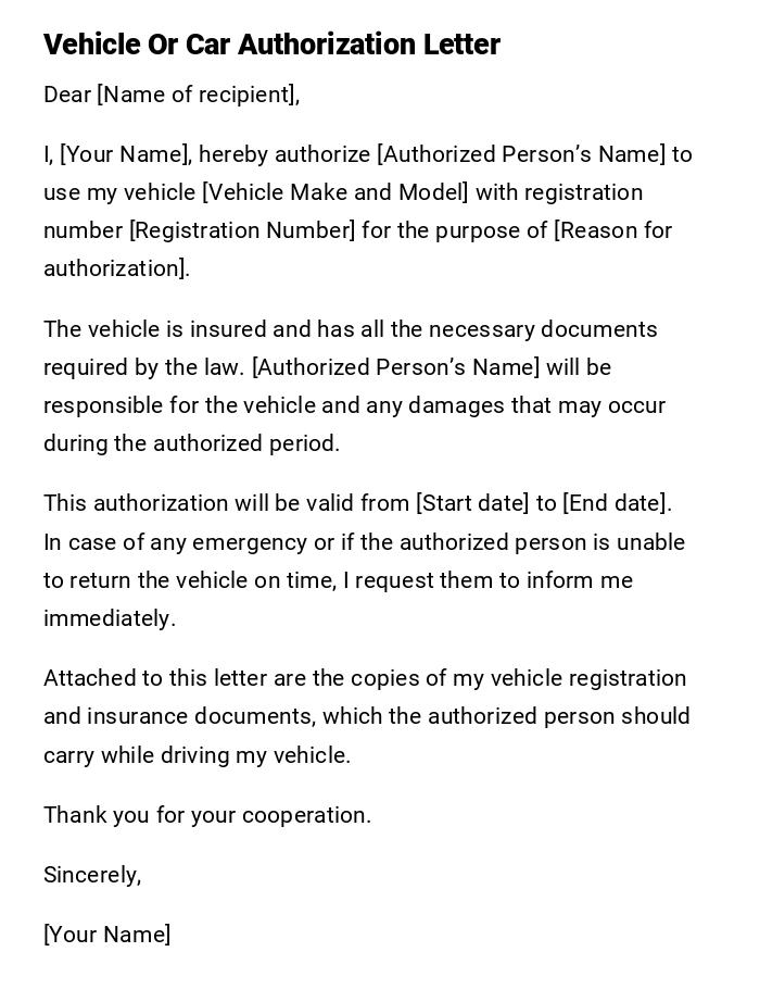 Vehicle Or Car Authorization Letter Vehicle Or Car Authorization Letter