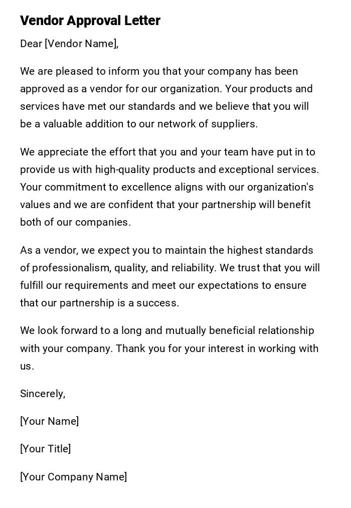 Vendor Approval Letter Vendor Approval Letter