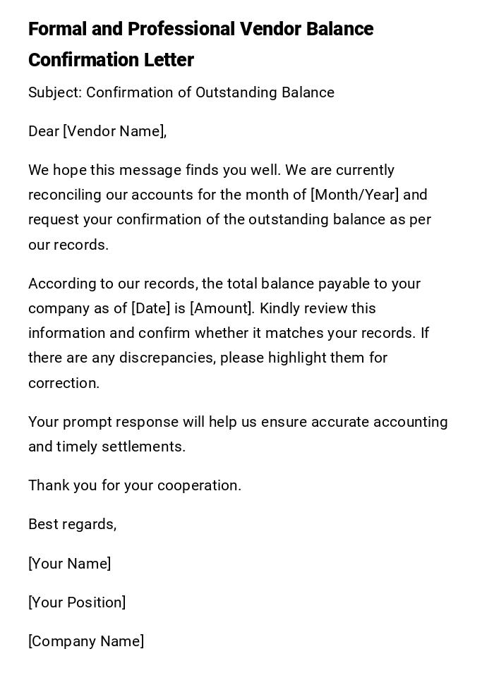 Formal and Professional Vendor Balance Confirmation Letter