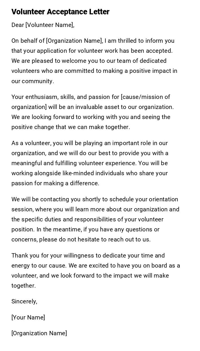 Volunteer Acceptance Letter Volunteer Acceptance Letter