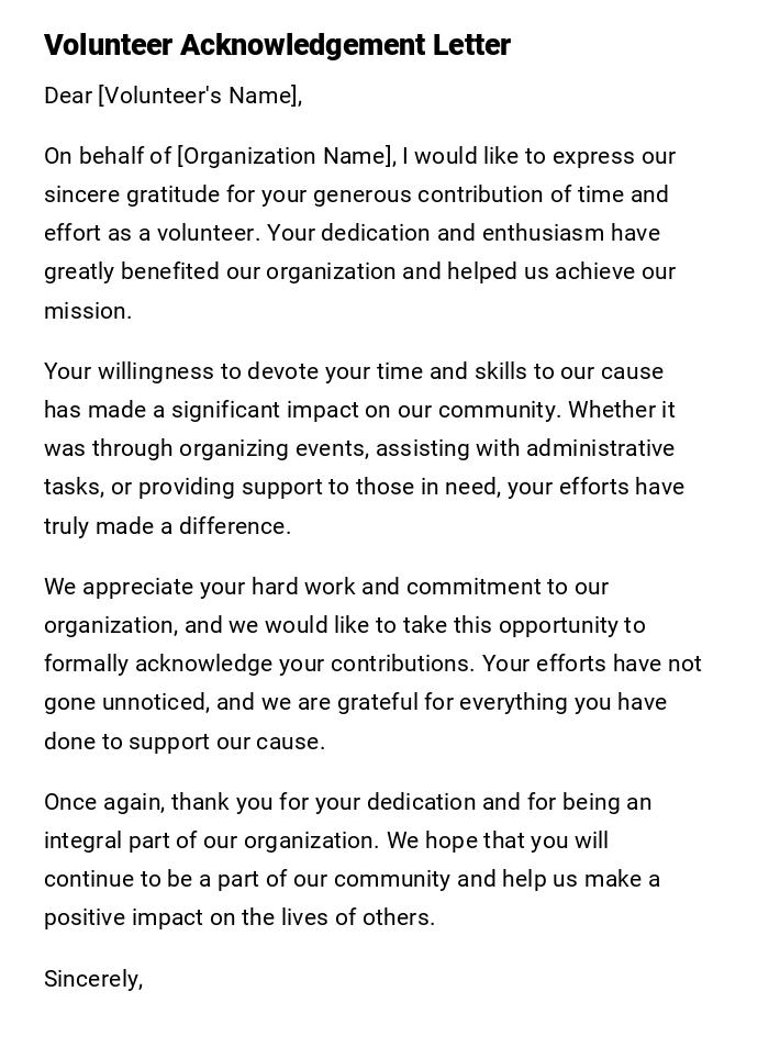 Volunteer Acknowledgement Letter Volunteer Acknowledgement Letter