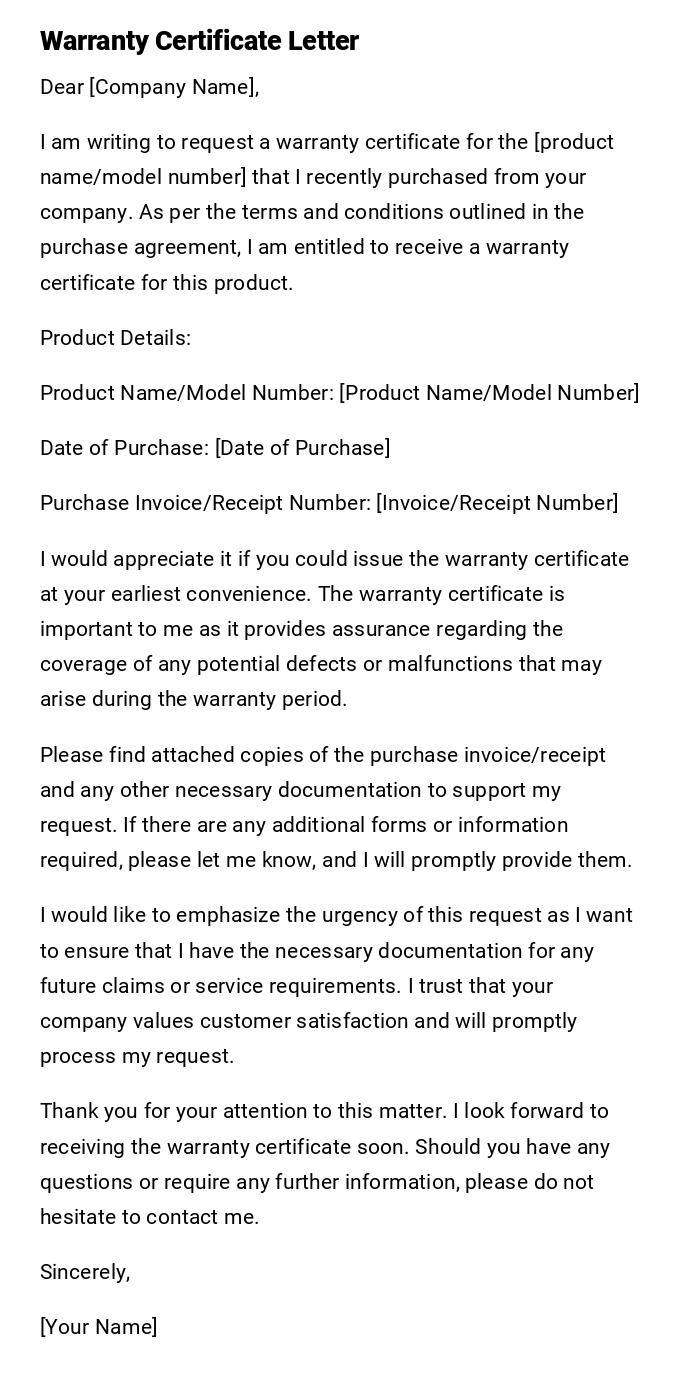 Warranty Certificate Letter Warranty Certificate Letter