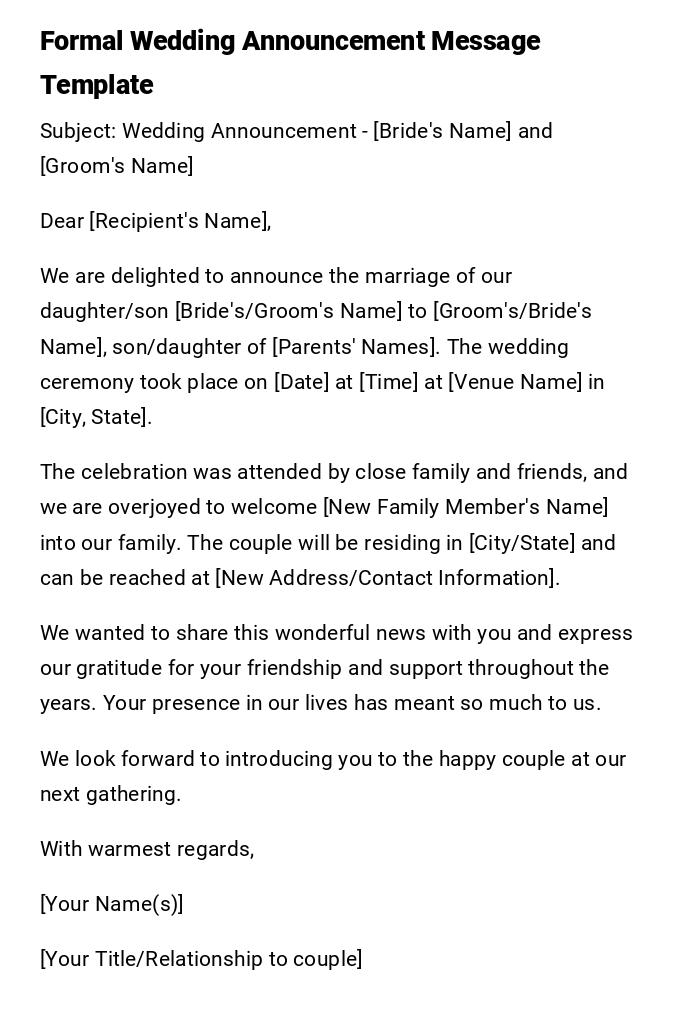 Formal Wedding Announcement Message Template