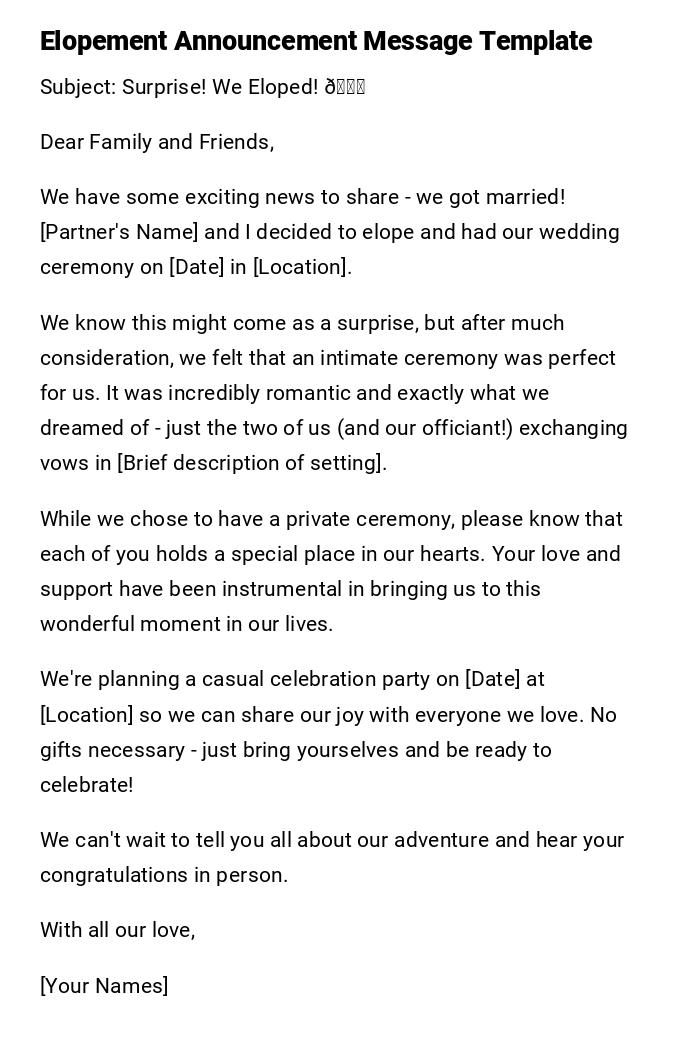 Elopement Announcement Message Template