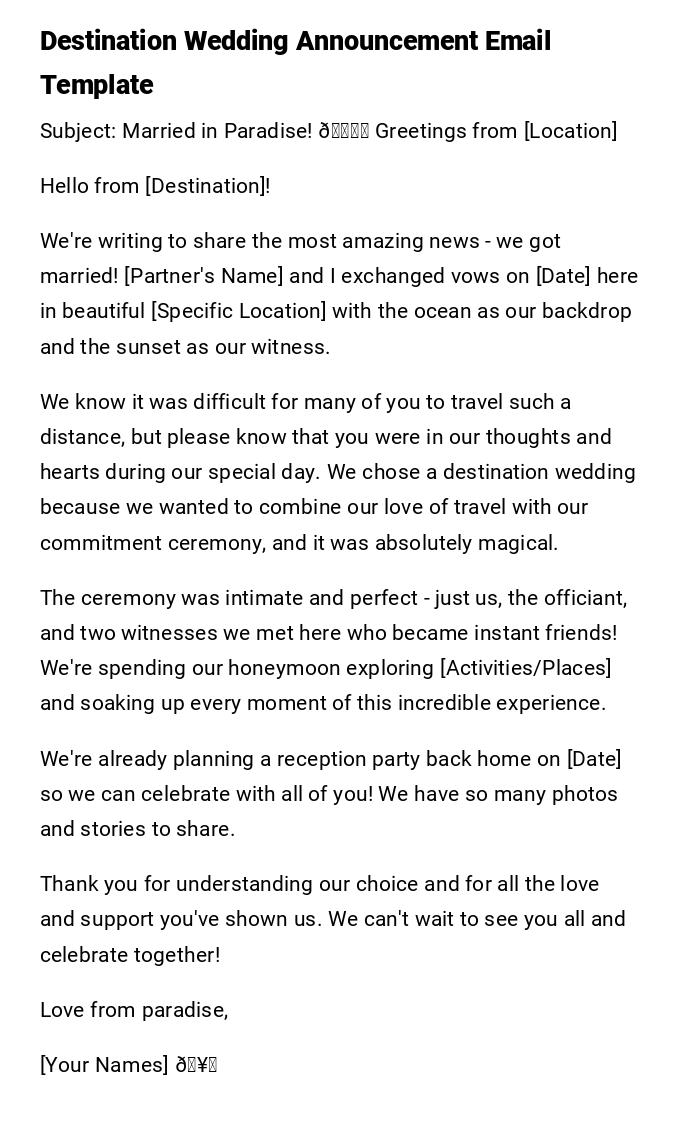 Destination Wedding Announcement Email Template