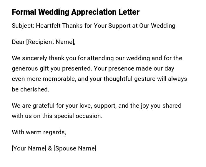 Formal Wedding Appreciation Letter
