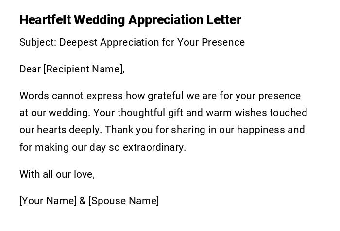 Heartfelt Wedding Appreciation Letter