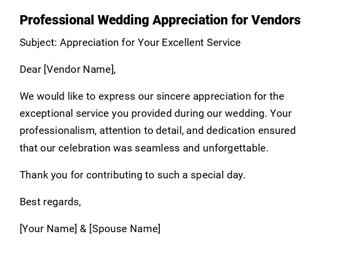 Professional Wedding Appreciation for Vendors