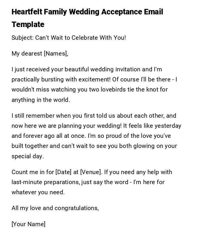 Heartfelt Family Wedding Acceptance Email Template