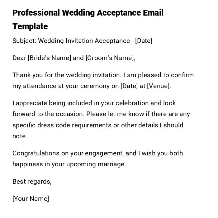 Professional Wedding Acceptance Email Template