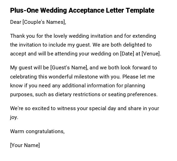 Plus-One Wedding Acceptance Letter Template