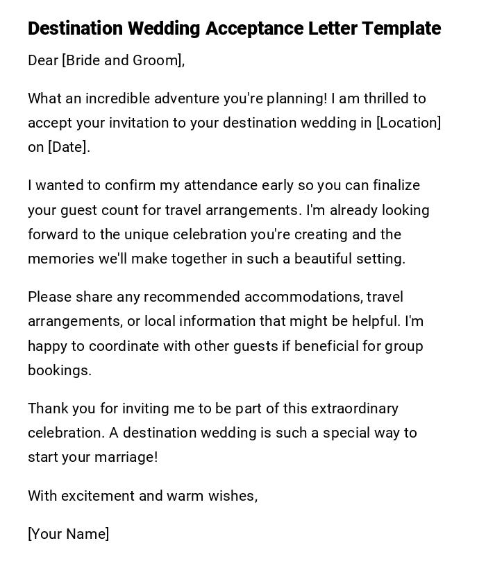 Destination Wedding Acceptance Letter Template
