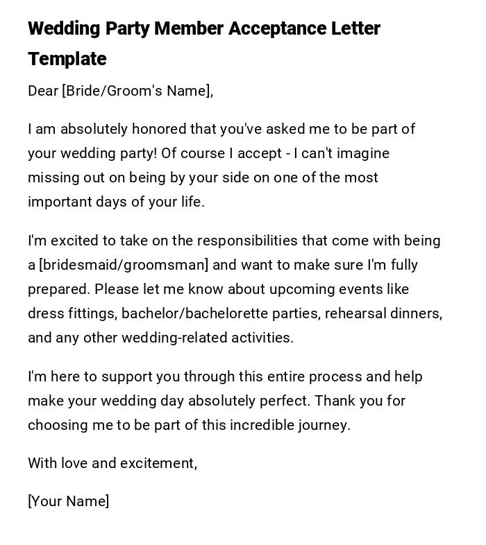 Wedding Party Member Acceptance Letter Template