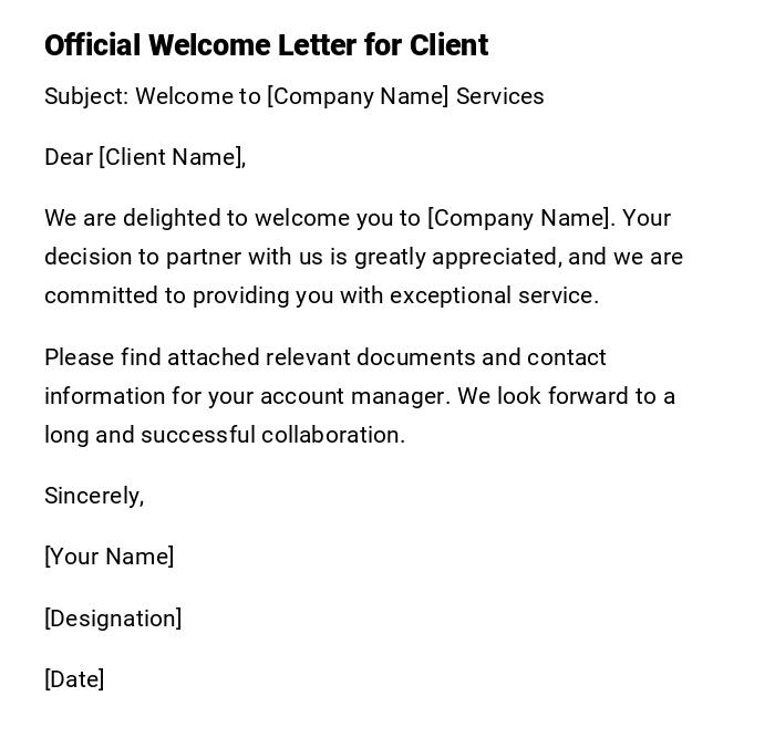 Official Welcome Letter for Client