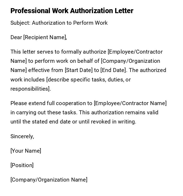Professional Work Authorization Letter