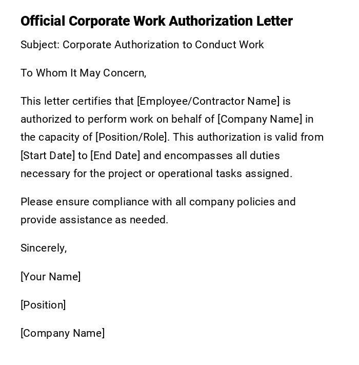 Official Corporate Work Authorization Letter